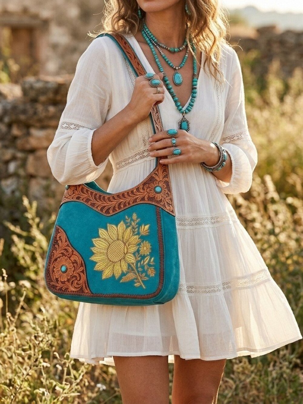 Turquoise Sunrise Sunflower Boho Shoulder Bag